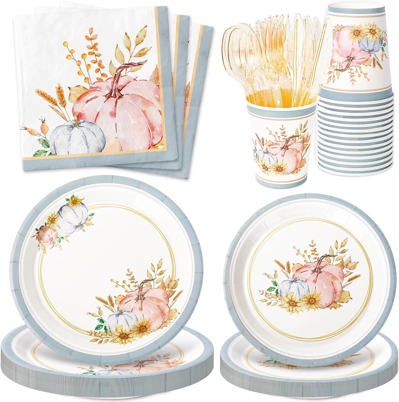 175 Pcs Thanksgiving Pink and Blue Party Supplies - Paper Plates Napkins Cups Cutlery (Serves 25)